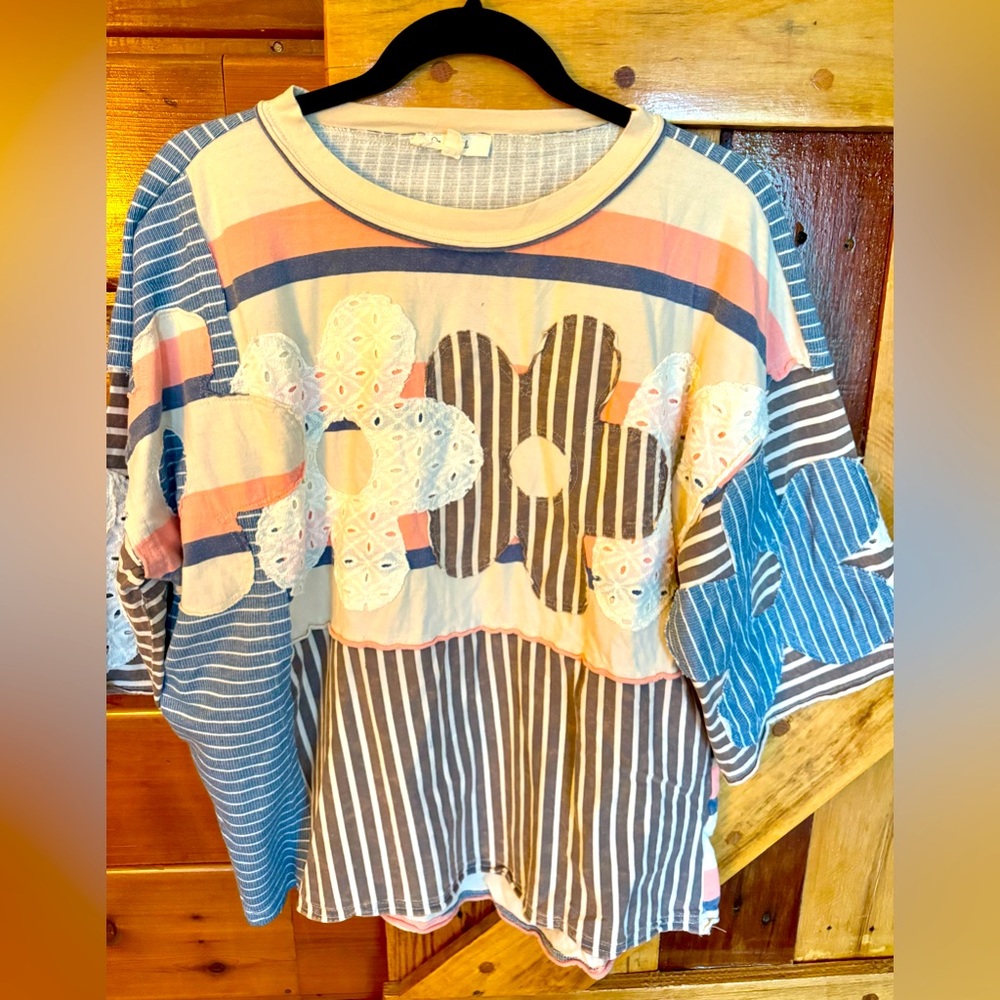 OLI & HALI NWOT Striped Floral Patchwork Top OVERSIZED Medy